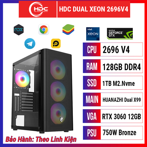 PC HDC DUAL XEON CPU 2696 V4 – RAM ECC 128GB DDR4 – SSD 1TB M.2 – MAIN X99 DUAL Huananzhi  - VGA RTX 3060 12GB
